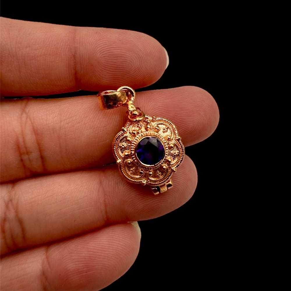 Solid Copper Poison Box Pendant With Faceted Amet… - image 1